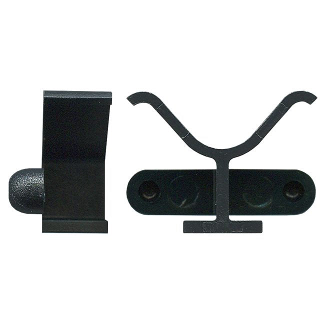 Black plastic flyscreen retaining spring clip, part number 1-4312, shown from multiple angles
