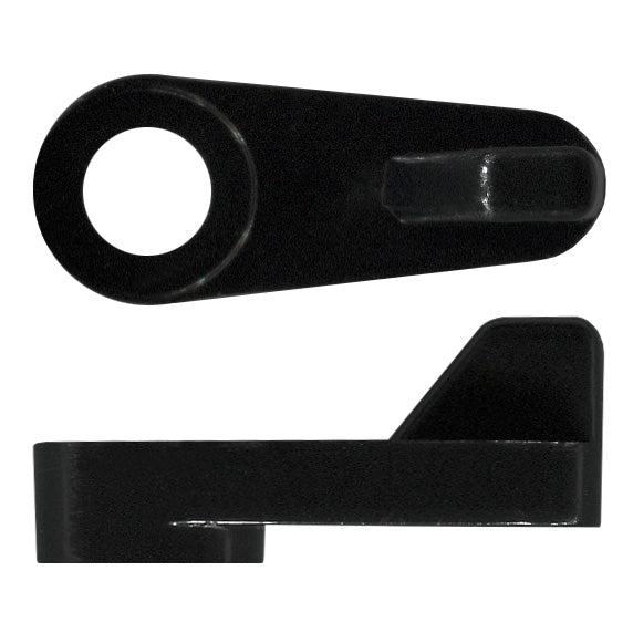 Black plastic offset flyscreen swivel retaining clip, part number 1-4500BLK, shown from two angles
